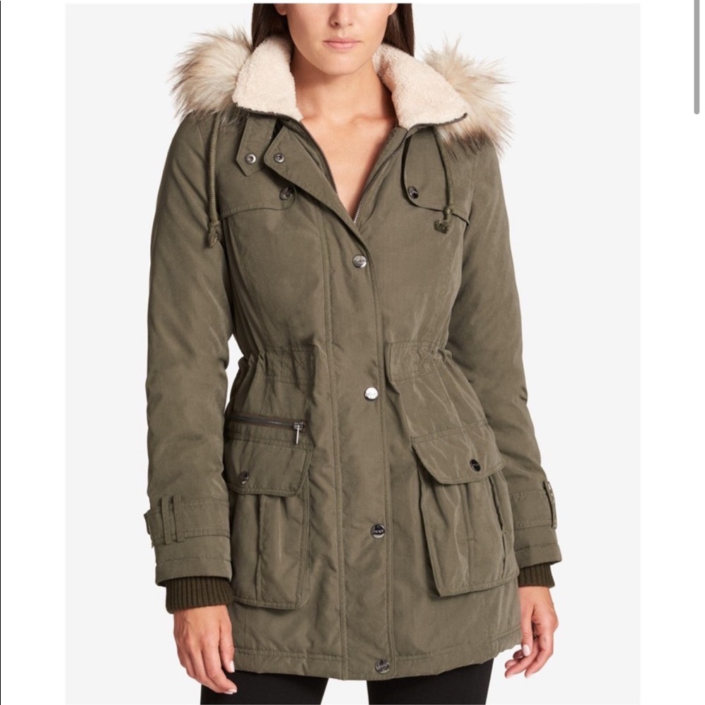 DKNY Women’s Green Hooded Faux-Fur-Trim Parka